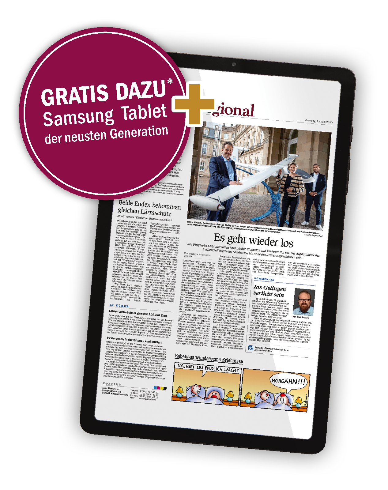 Tablet mit Zeitungsseite und dem Hinweis "Gratis Tablet dazu"