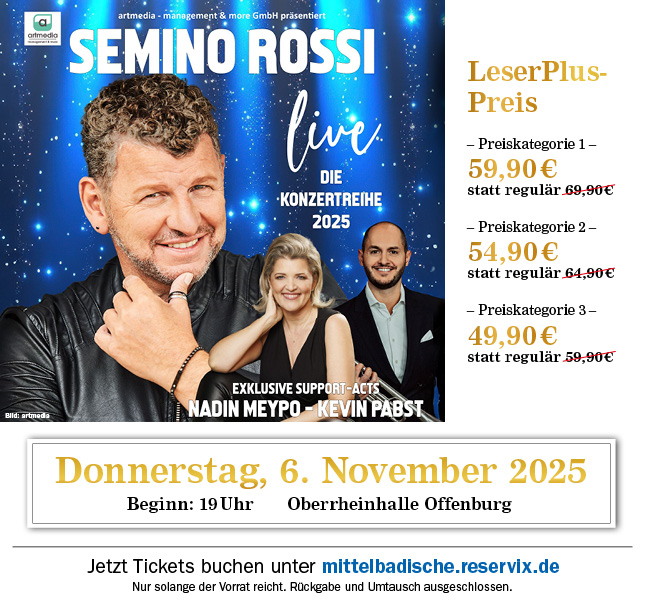 Semino Rossi. LeserPlus-Preis ab 49,90 Euro. Tickets erhältlich unter mittelbadische.reservix.de