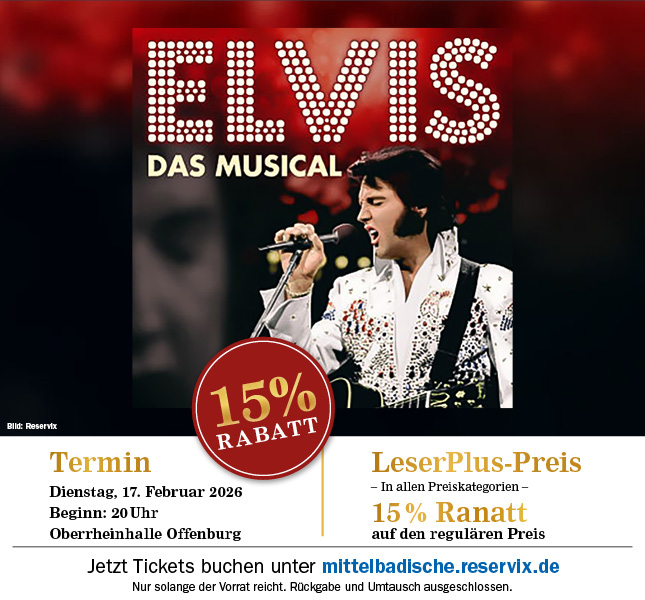 Elvis das Musical LeserPlus-Preis mit 15% Rabatt. Tickets erhältlich unter mittelbadische.reservix.de